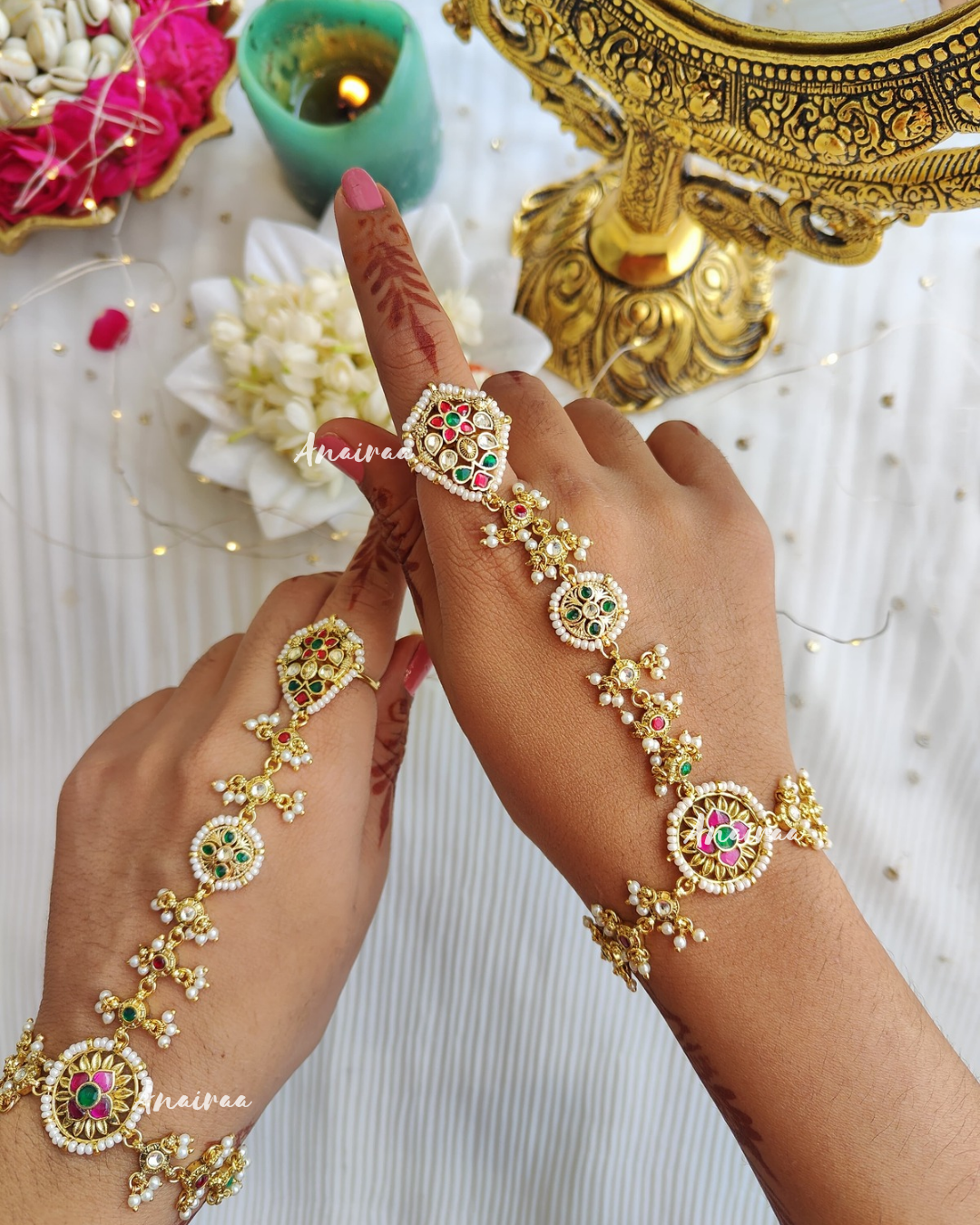 Ruby emerald Paachi Kundan hathphool