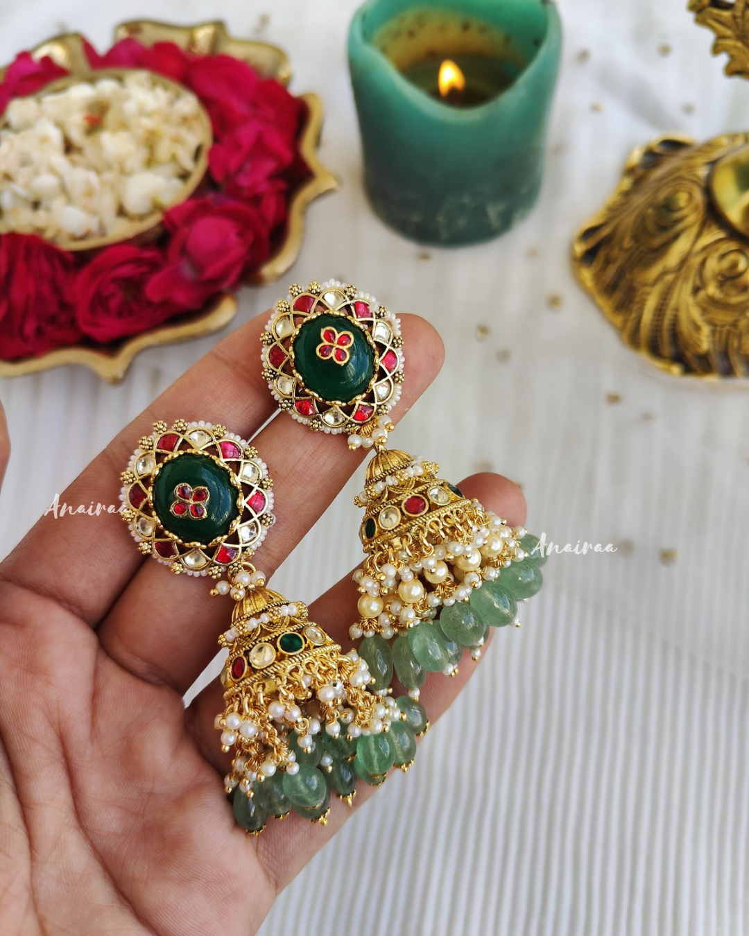 Kundan carving stone jhumka