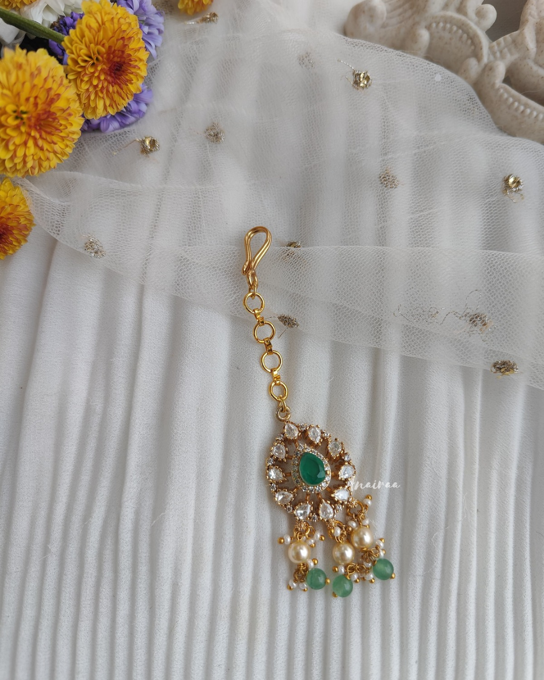 Moissanite maangtikka with green colour