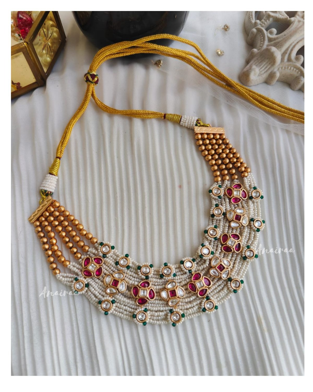 Polki with pearl Beaded necklace with Jhumkas