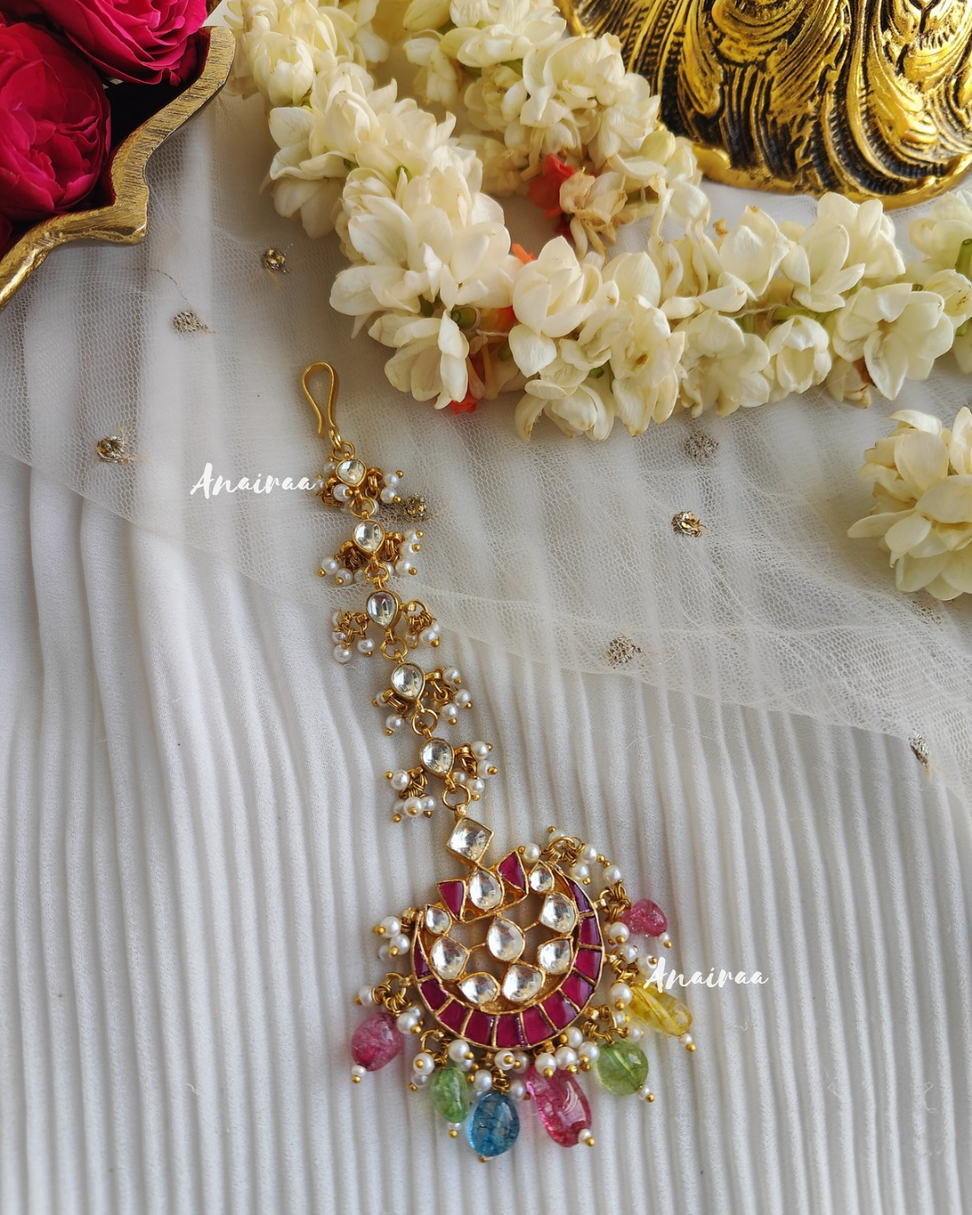 Ruby color paachi kundan maangtikka