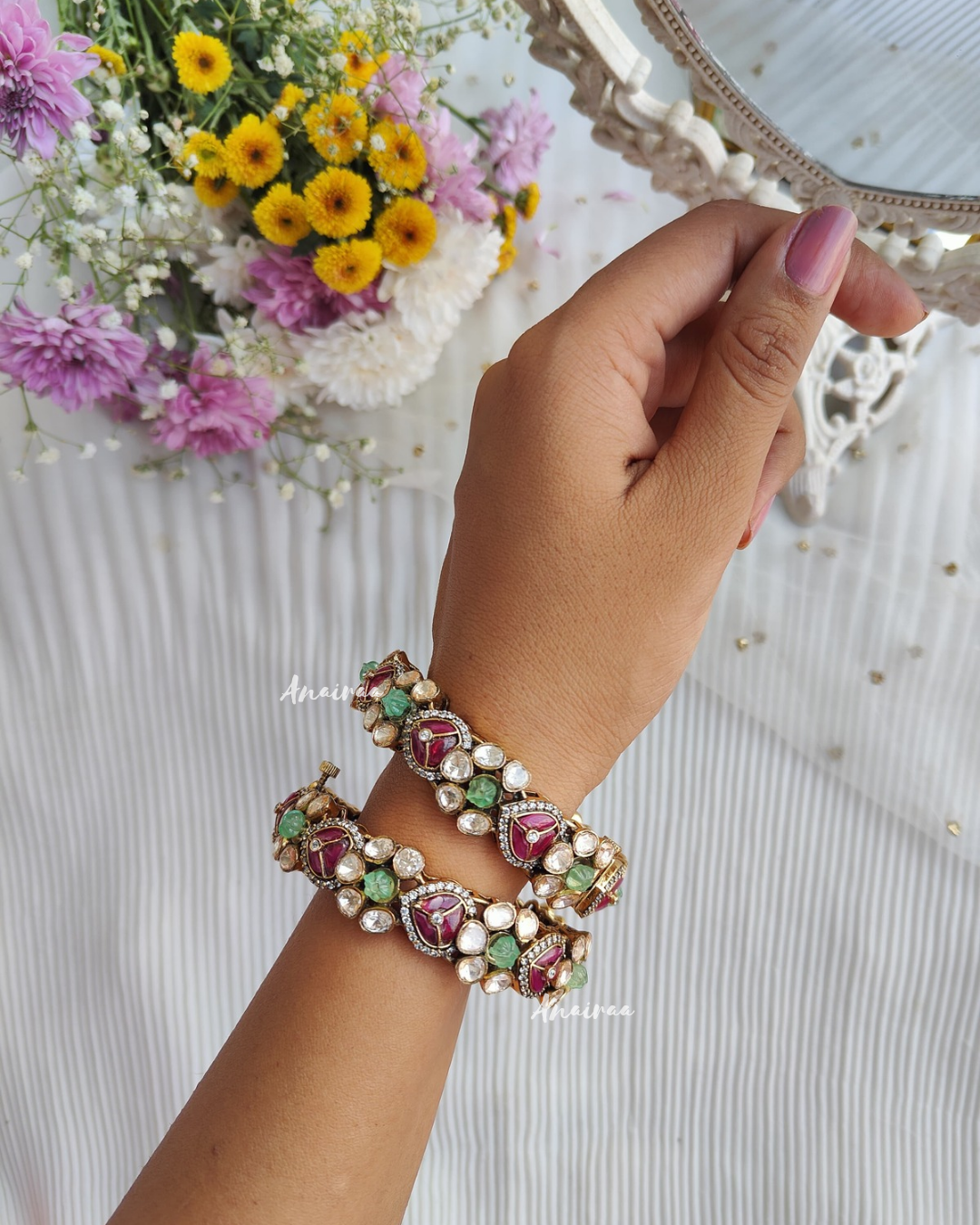 Moissanite bangles  with ruby and flourite melon beads