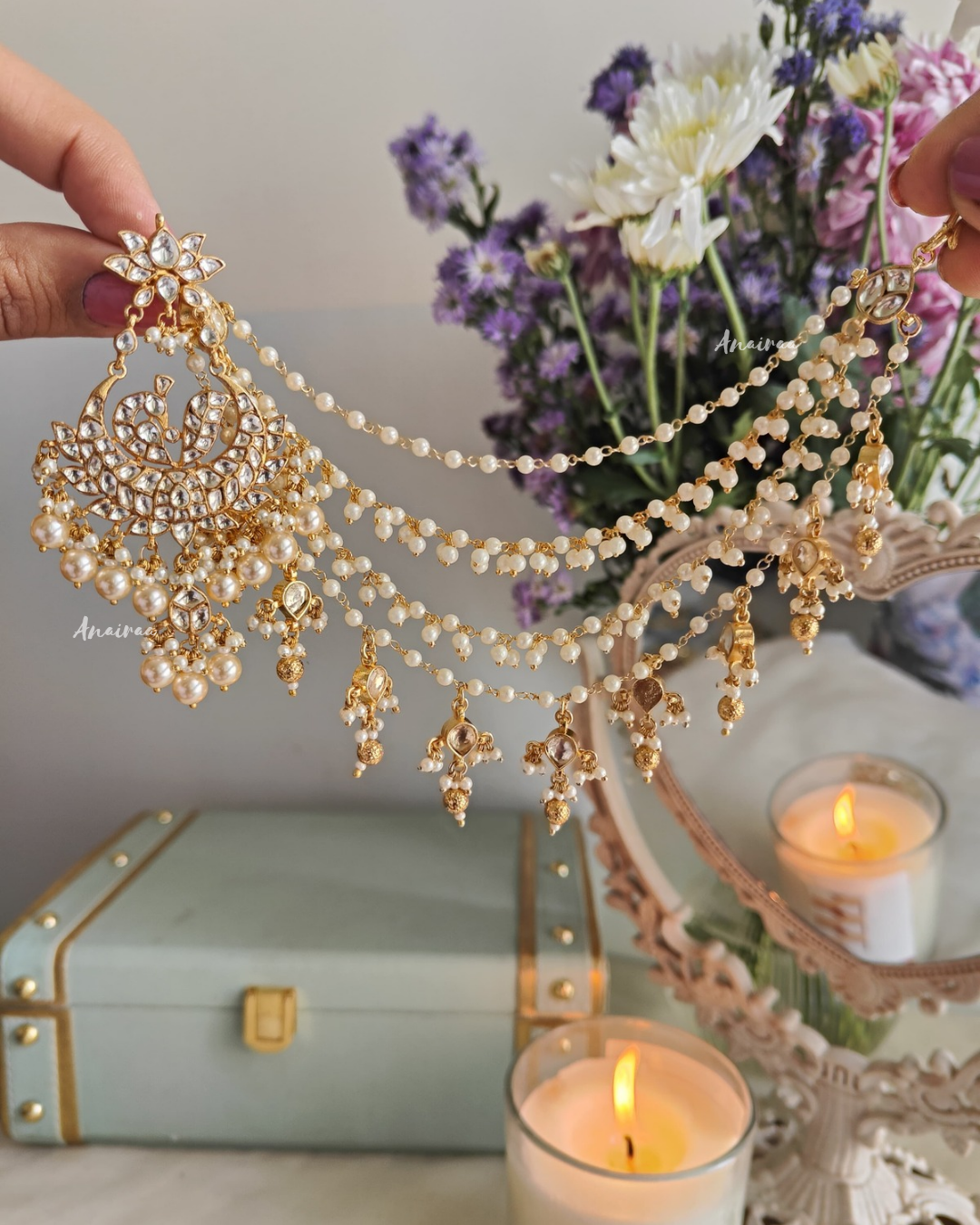 Peacock Kundan Chandbali with earchains