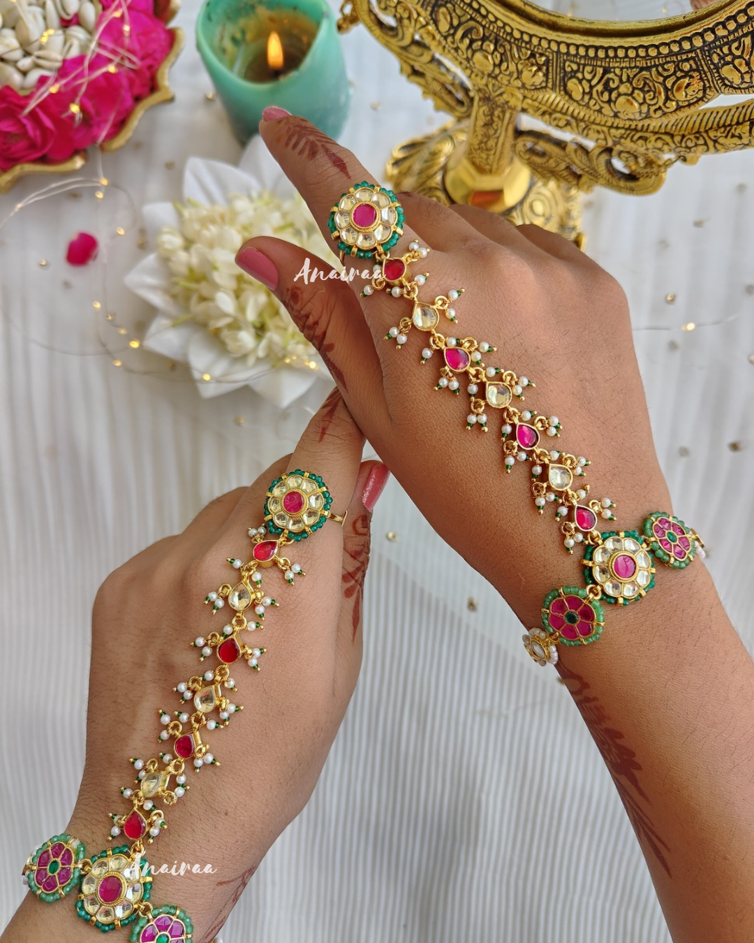 Multi coloured paachi kundan hathphool
