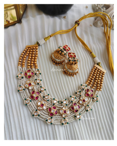 Polki with pearl Beaded necklace with Jhumkas