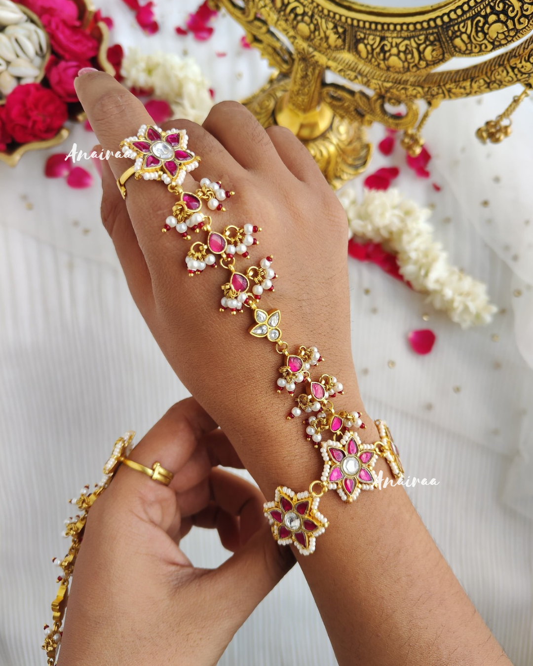 Ruby Floral Paachi kundan Hathphool