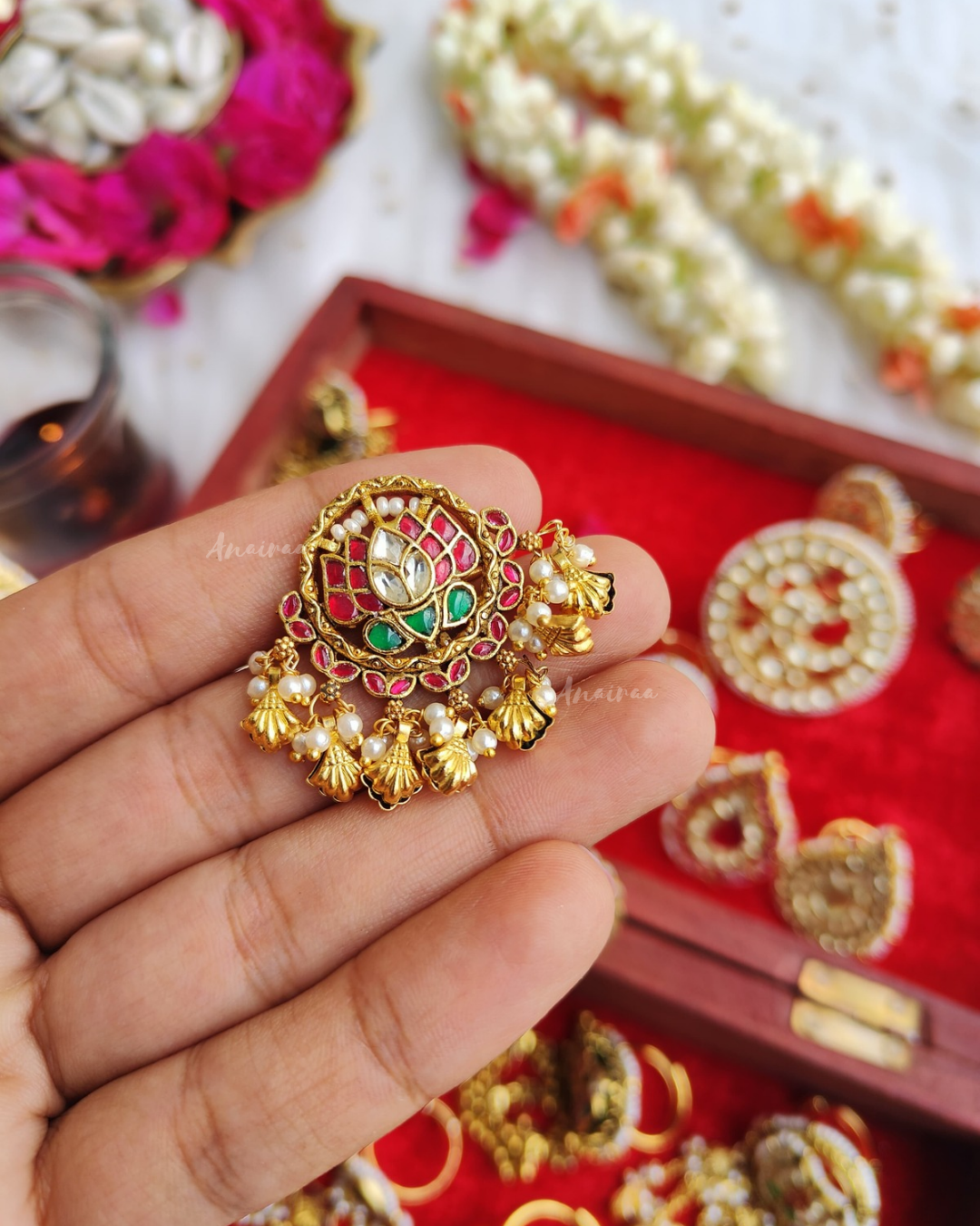 Heritage paachi kundan lotus ring