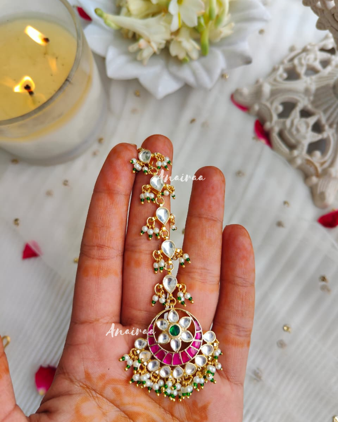 Paachi kundan floral  maangtikka