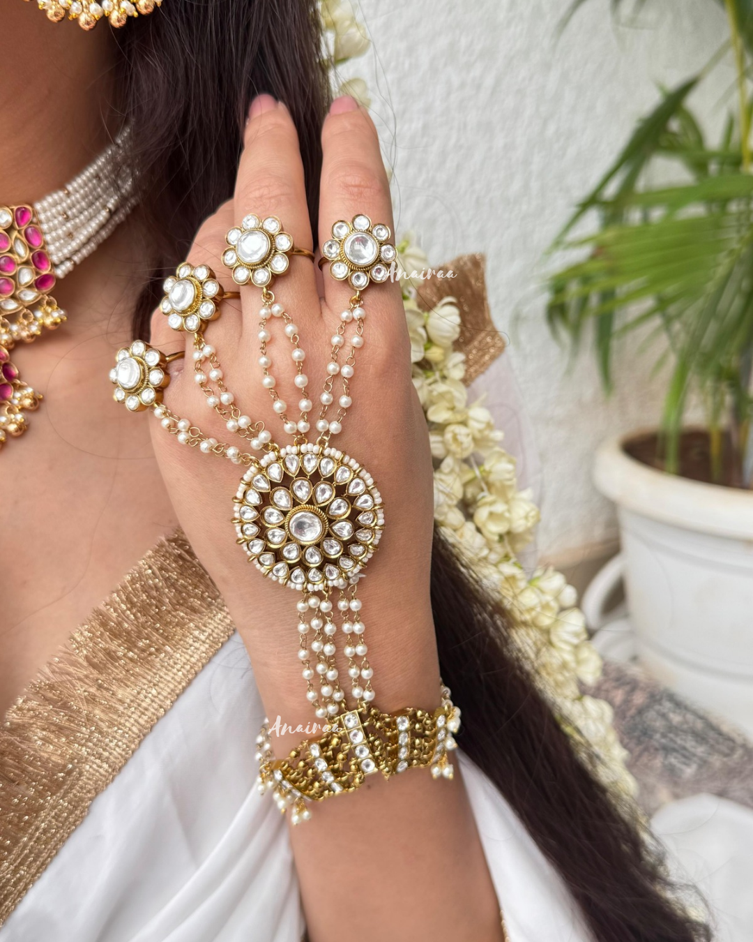 Antique polki four fingerring hathphool