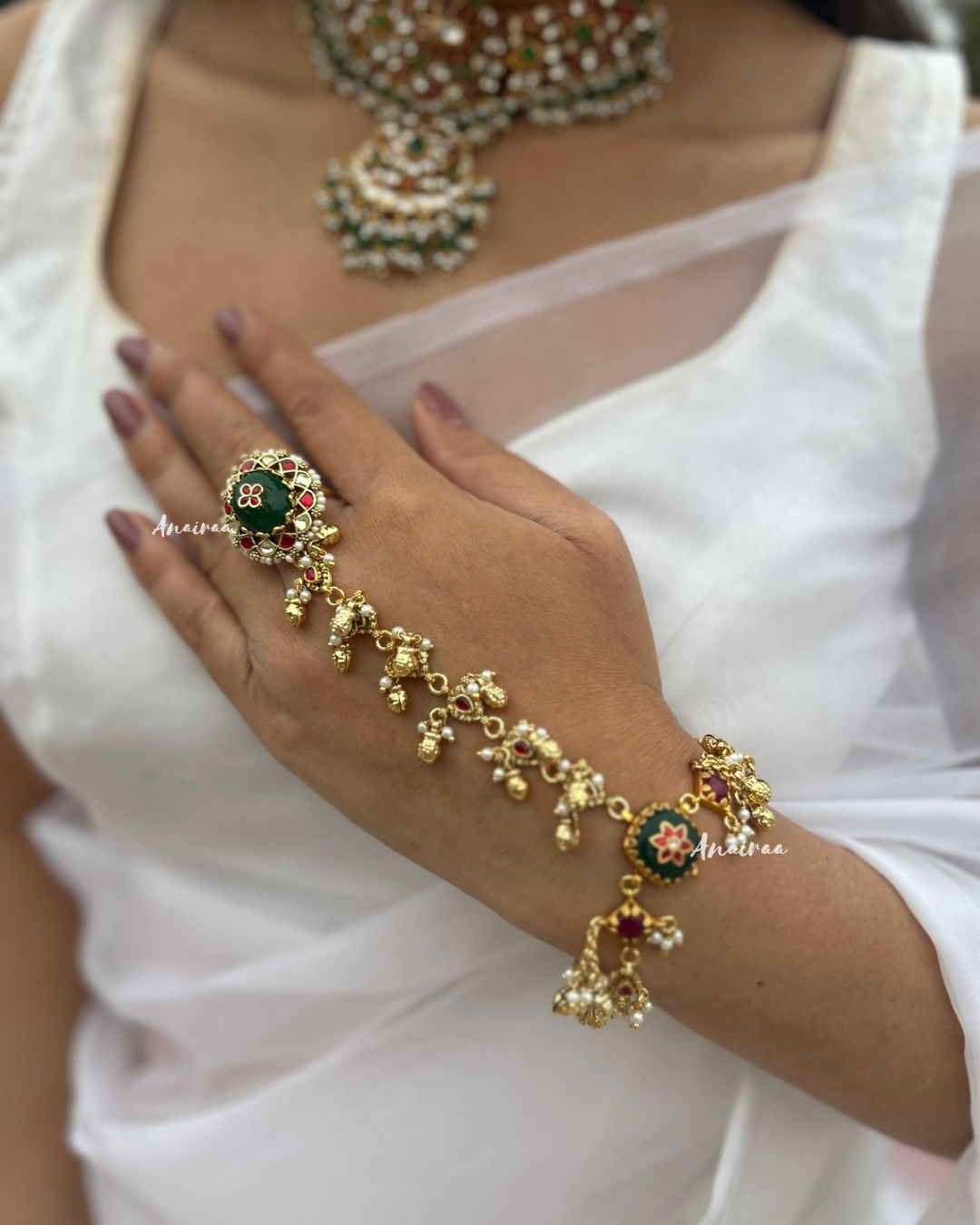 Multi color paachi kundan hathphool