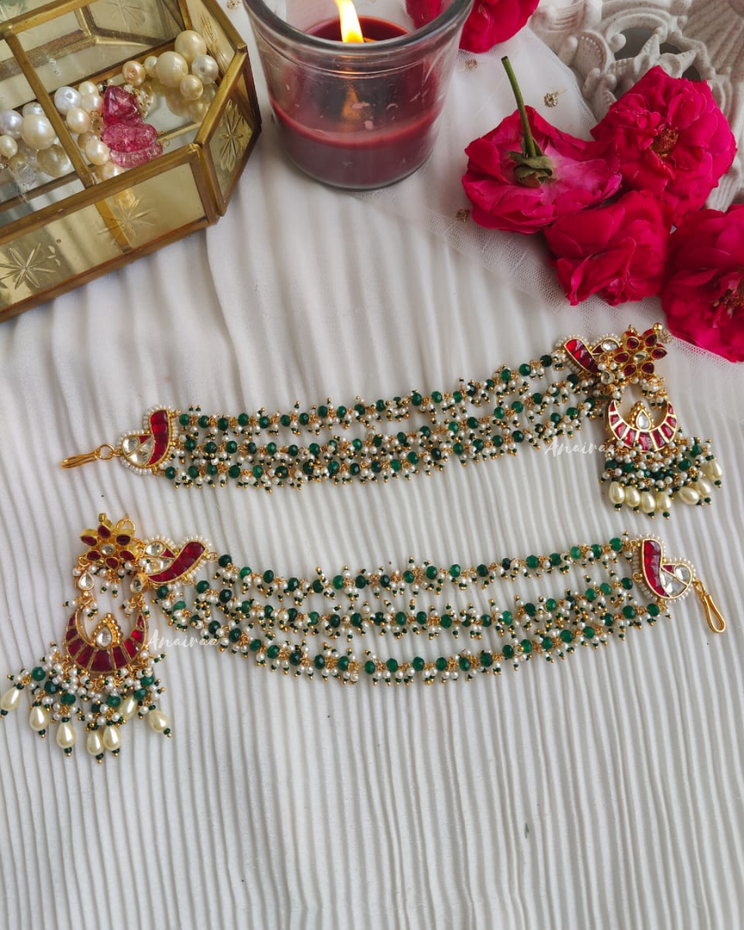 Paachi kundan ruby chandbalis with earchains