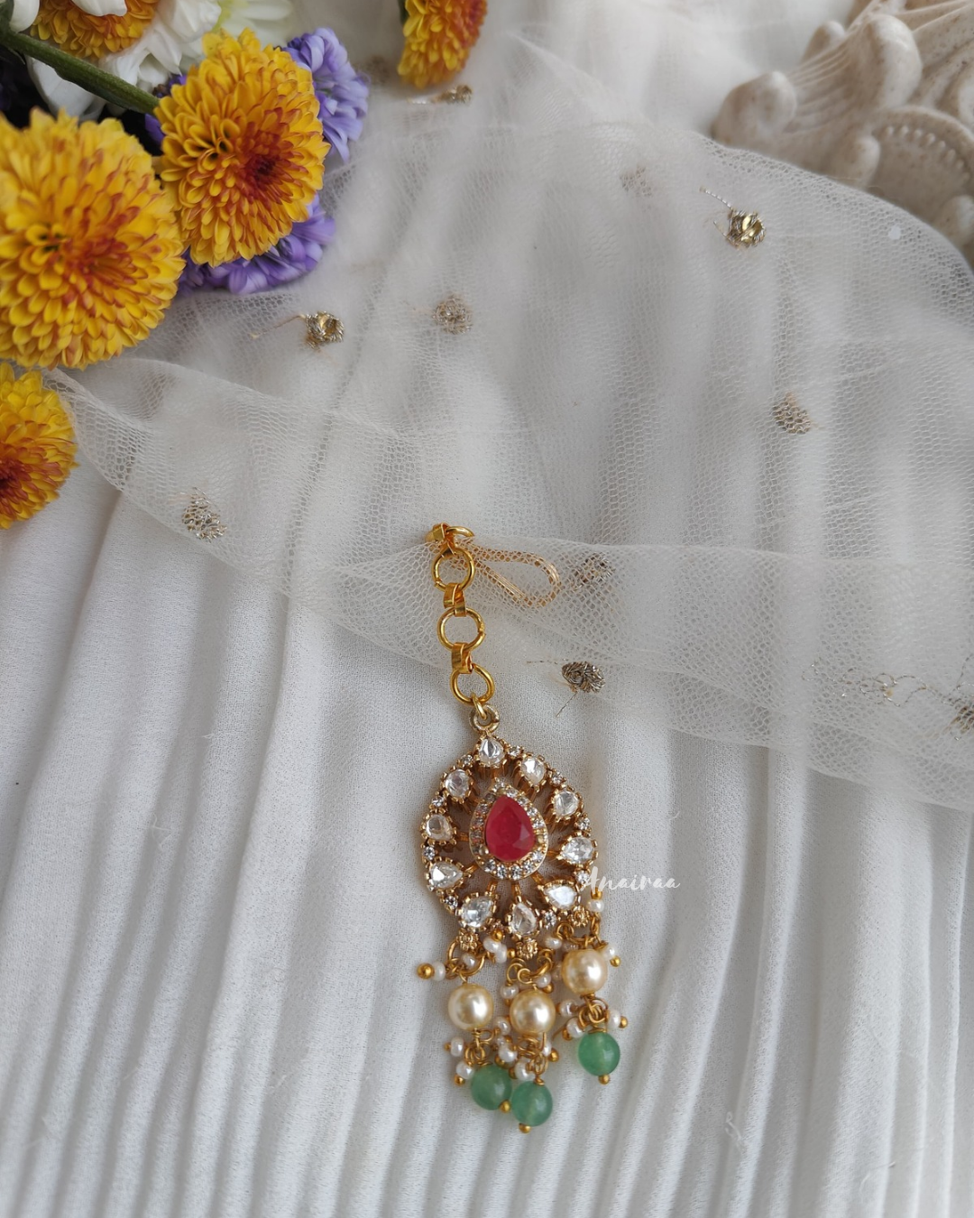 Moissanite Maangtika with Ruby and sage