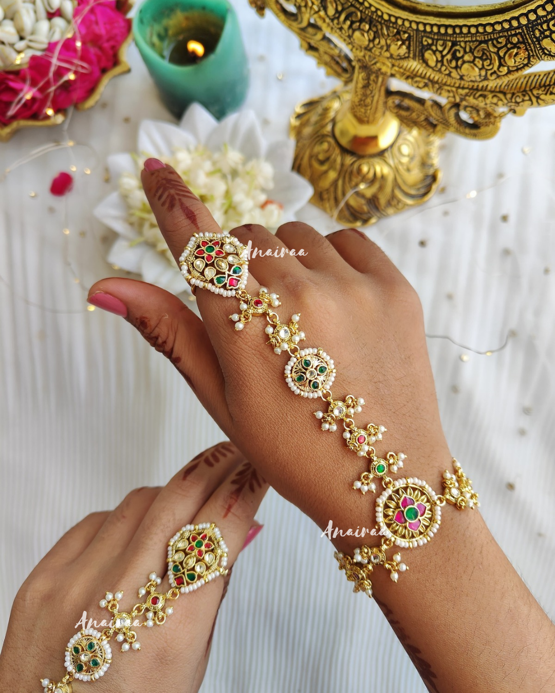 Ruby emerald Paachi Kundan hathphool