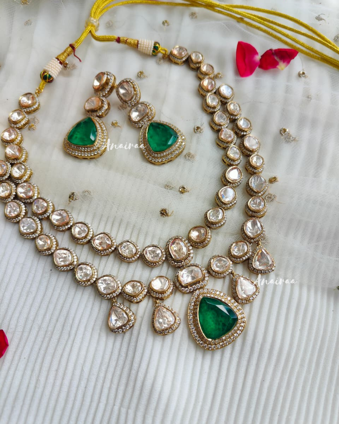 Moissanite with emerald doublet necklace set