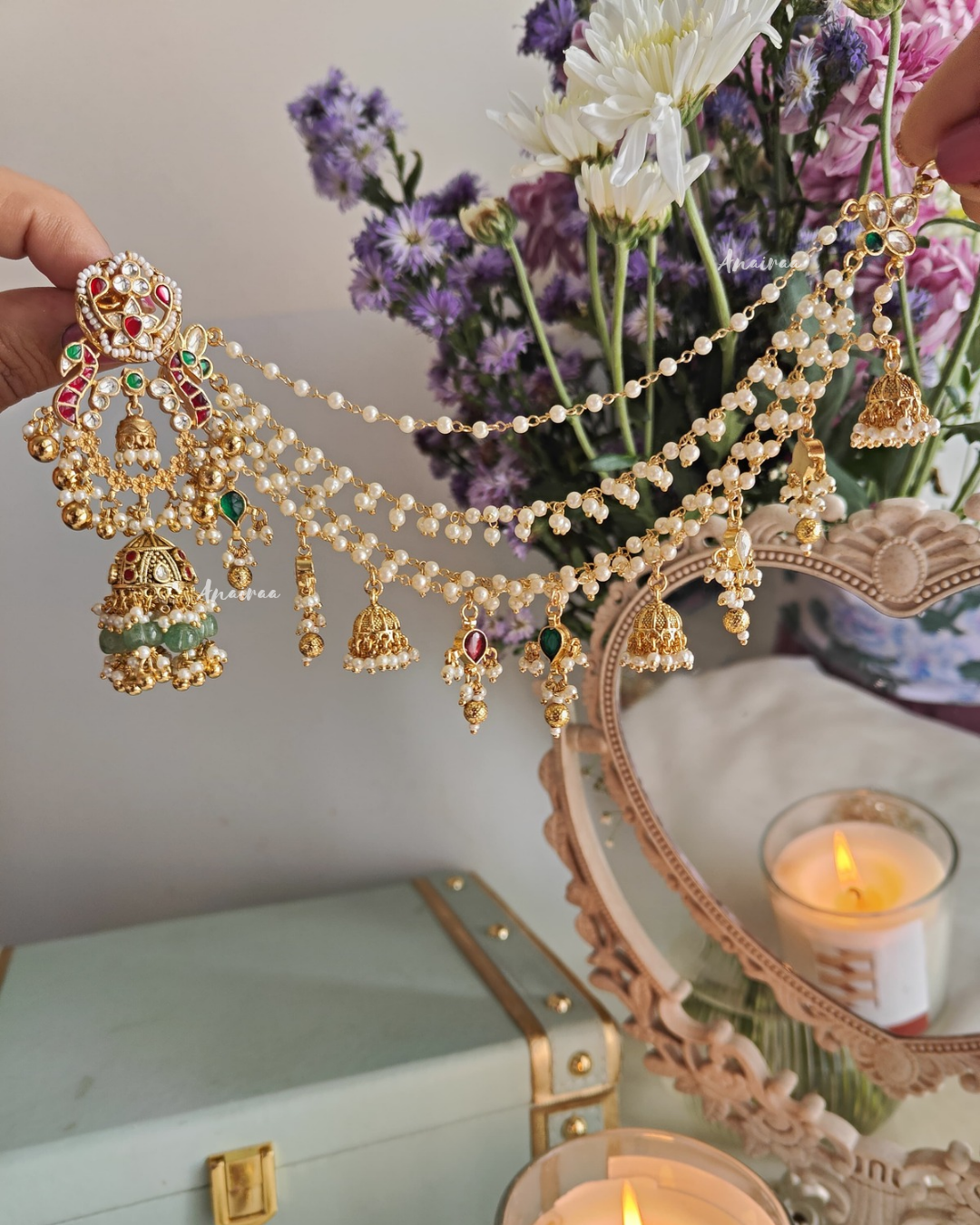 Yuvika Kundan jhumkas with earchains