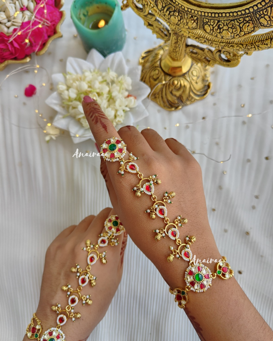 Multi coloured Paachi Kundan hathphool