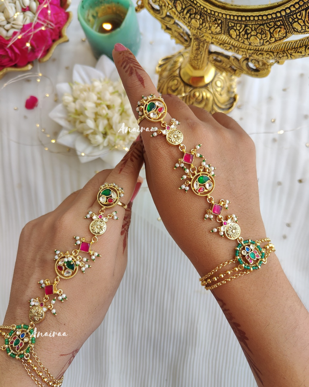 Multi coloured Paachi Kundan hathphool