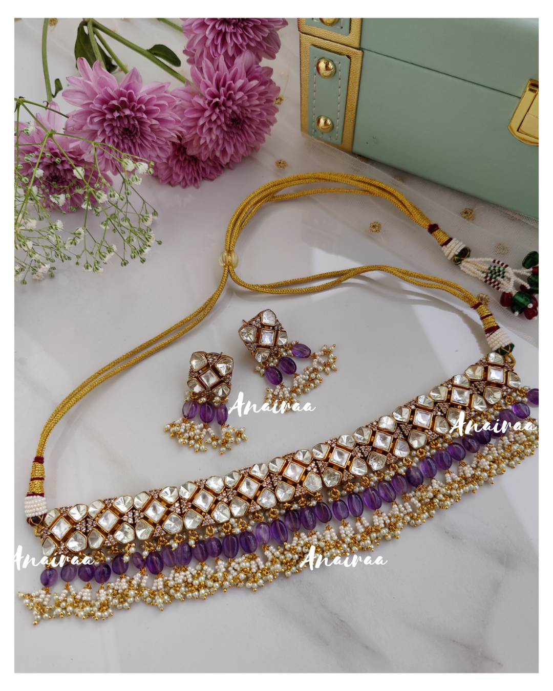 Polki set with lavender beads (Dispatch time - 4-5 weeks)