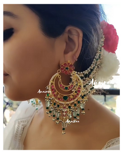 Paachi Kundan chandbalis with earchains