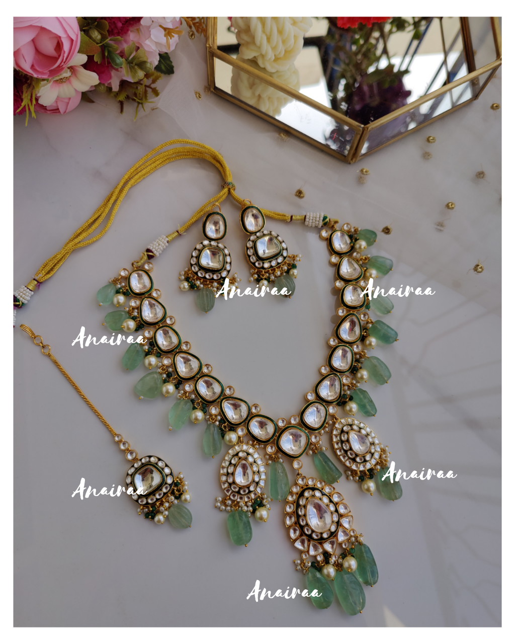 Polki long necklace with earrings and mangtikka