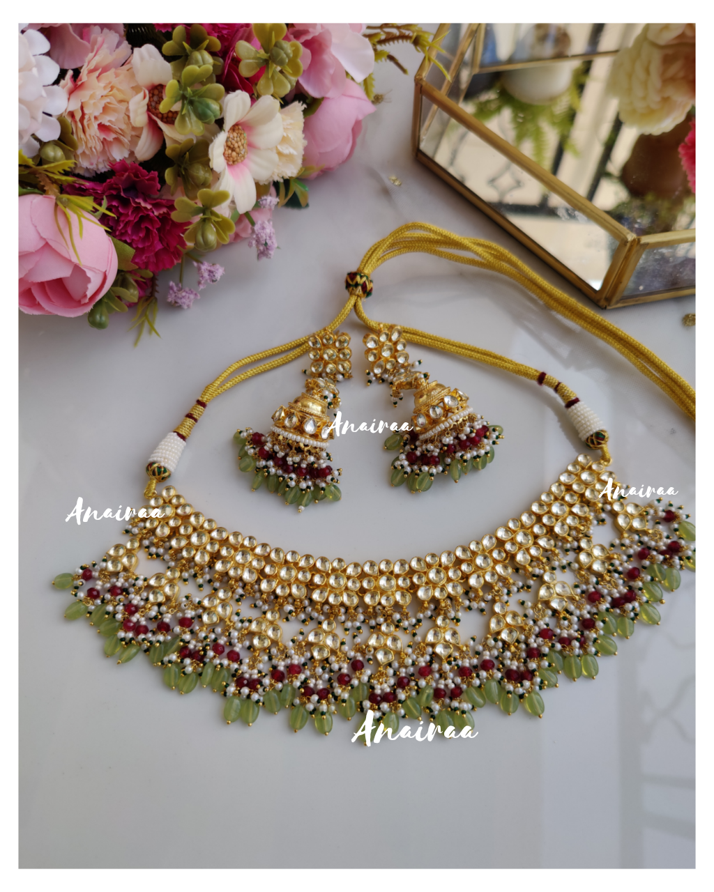 Paachi kundan set with Jhumkas