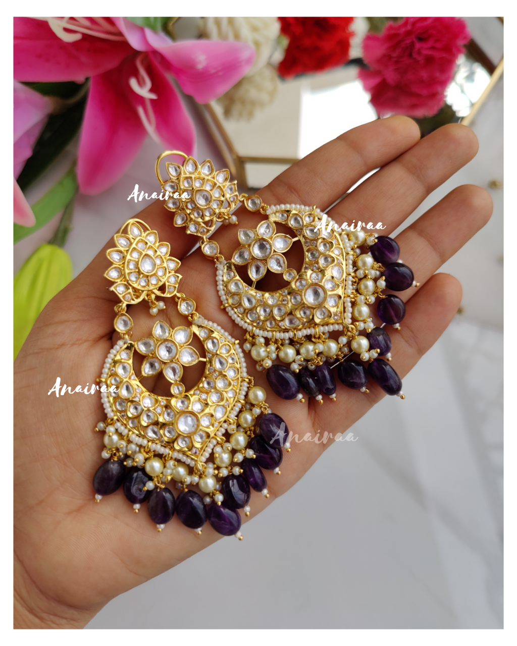 Polki chandbalis with purple beads