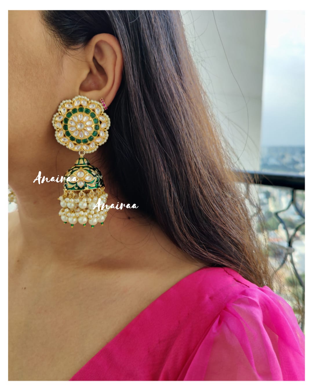 Green Meenakari Jhumkas